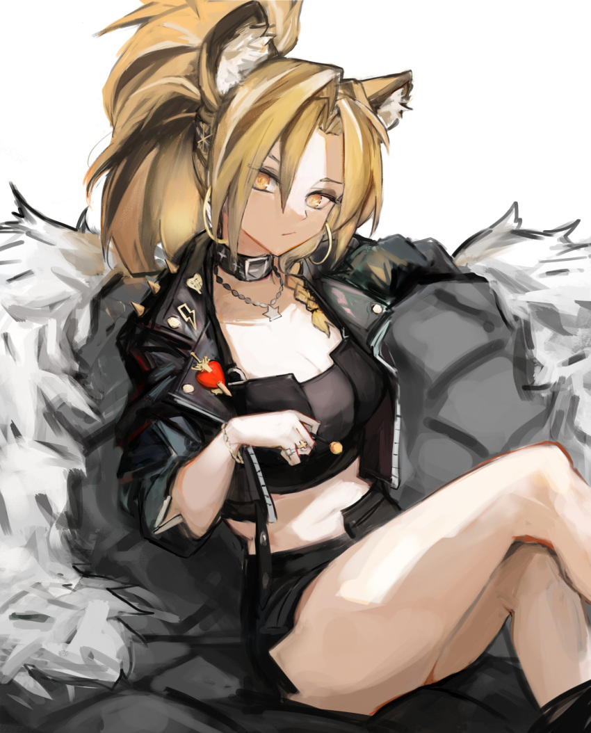 1girl absurdres animal_ears arknights braid choker cropped_jacket earrings fur-trimmed_jacket fur_trim gnai highres hoop_earrings jacket jewelry lion_ears lion_girl looking_at_viewer multicolored_hair necklace ponytail shorts siege_(ambience_synesthesia)_(arknights) siege_(arknights) streaked_hair tubetop