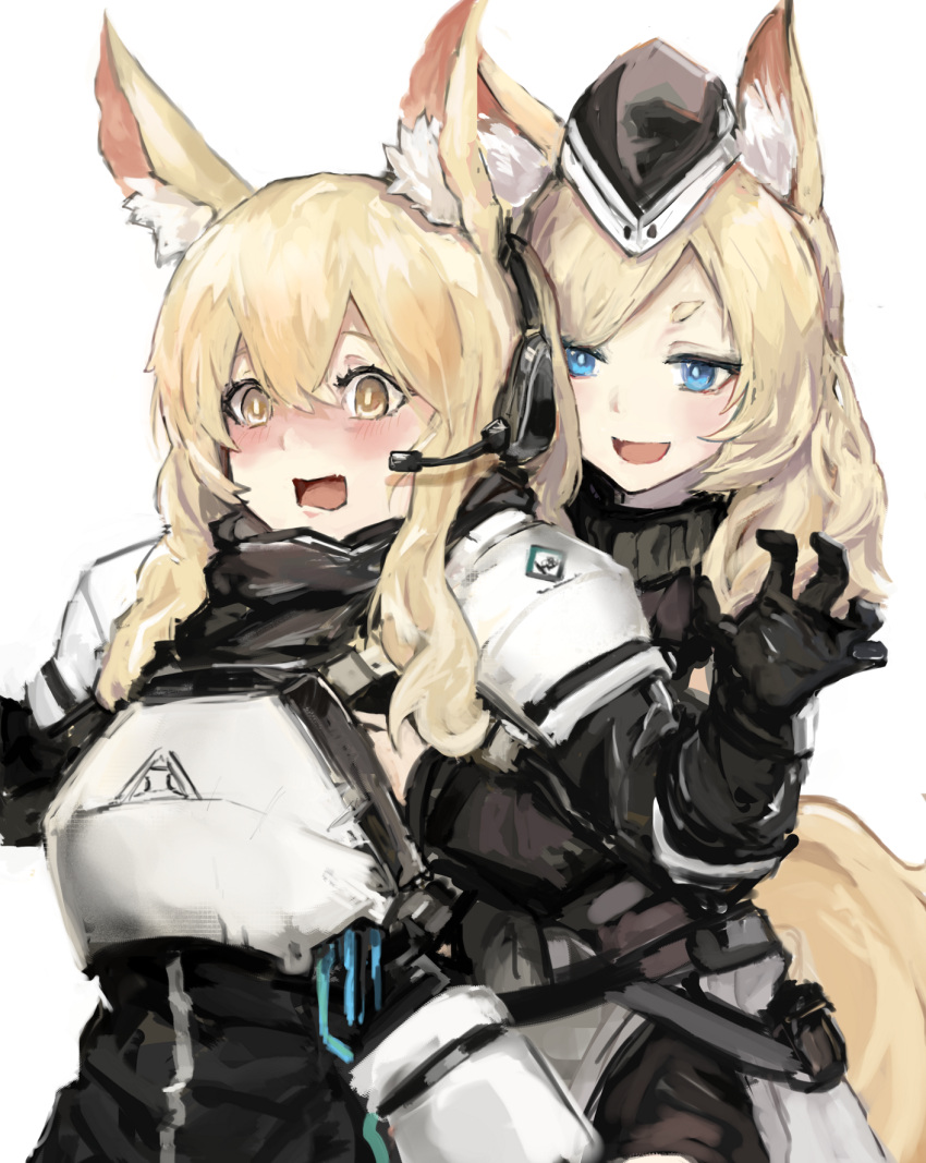 2girls animal_ear_fluff animal_ears arknights armor aunt_and_niece bangs black_headwear blonde_hair blue_eyes blush breast_grab breastplate gnai grabbing grabbing_from_behind groping hair_between_eyes hat headset highres horse_ears horse_girl horse_tail long_hair multiple_girls nearl_(arknights) open_mouth short_eyebrows simple_background smile surprised tail whislash_(arknights) white_armor white_background yellow_eyes yuri