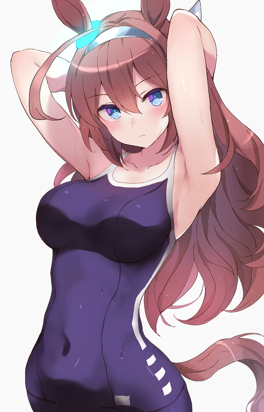 1girl ahoge animal_ears armpits arms_behind_head arms_up bangs bare_shoulders blue_swimsuit blush breasts brown_hair closed_mouth collarbone covered_navel grey_hairband hairband highres hone_kawa horse_ears horse_girl horse_tail large_breasts long_hair looking_at_viewer mihono_bourbon_(umamusume) one-piece_swimsuit solo swimsuit tail umamusume wet