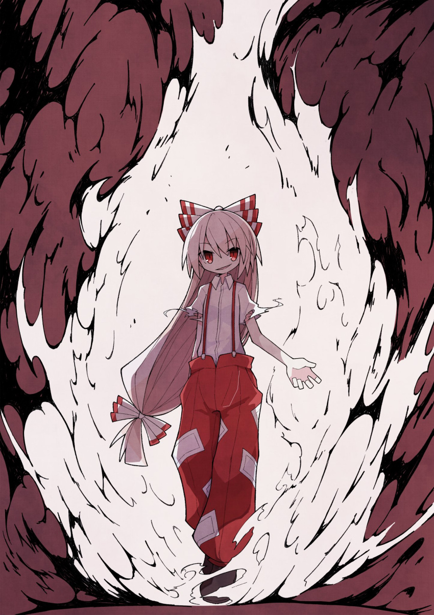 1girl asameshi bow fire fujiwara_no_mokou full_body hair_bow highres long_hair looking_at_viewer pants red_bow red_eyes red_pants shirt shoes short_sleeves solo suspenders torn_clothes torn_sleeves touhou walking white_bow white_hair white_shirt