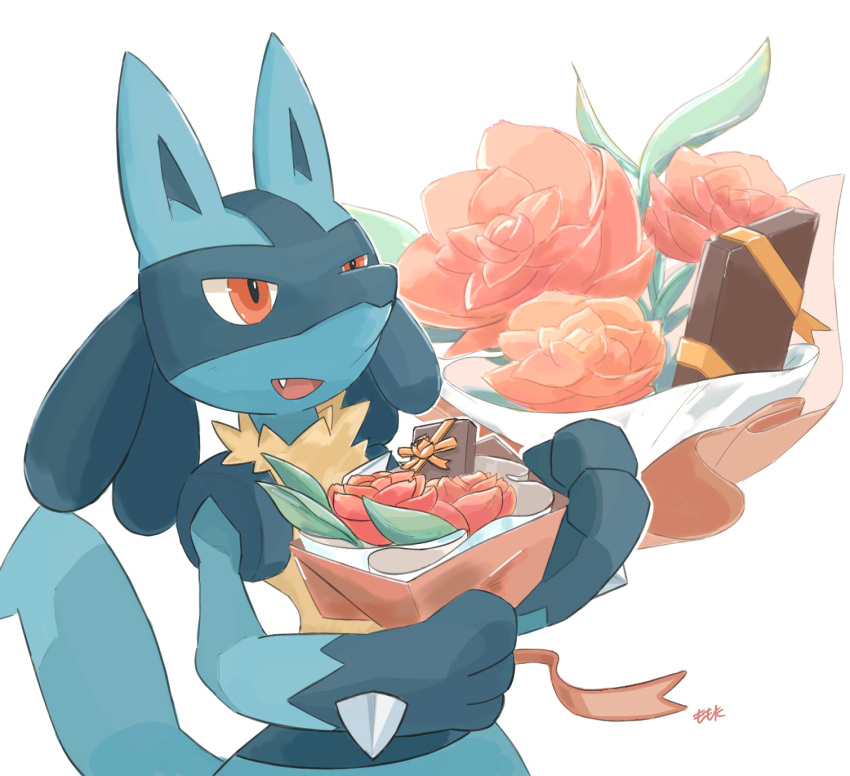 commentary_request fang flower gen_4_pokemon highres holding lucario momota_pix open_mouth orange_eyes orange_flower orange_ribbon pokemon pokemon_(creature) red_flower ribbon signature simple_background smile solo spikes tongue white_background yellow_fur