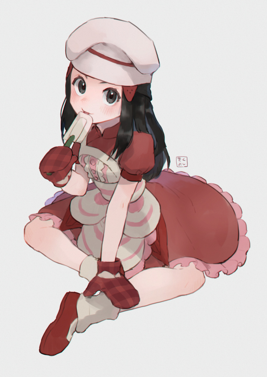 1girl apron artist_name black_eyes black_hair blush breasts chef_hat closed_mouth commentary hikari_(pokemon) dress frilled_apron frilled_dress frills from_above full_body grey_background hair_ornament hairclip hand_up happy hat highres kikuyoshi_(tracco) licking long_hair looking_at_viewer looking_up mittens nose_blush pink_apron plaid_mittens pokemon pokemon_(game) pokemon_masters_ex puffy_short_sleeves puffy_sleeves red_dress red_footwear red_mittens shiny shiny_hair shoes short_sleeves sidelocks signature simple_background sitting small_breasts smile socks solo spatula tied_hair tongue tongue_out white_headwear white_legwear