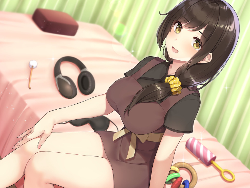 1girl bangs bed black_shirt blindfold brown_dress brown_hair curtains dress dutch_angle ear_picking eyebrows_visible_through_hair go-1 hair_over_shoulder headphones highres long_hair low_tied_hair open_mouth original scrunchie shirt sitting thighs yellow_eyes yellow_scrunchie