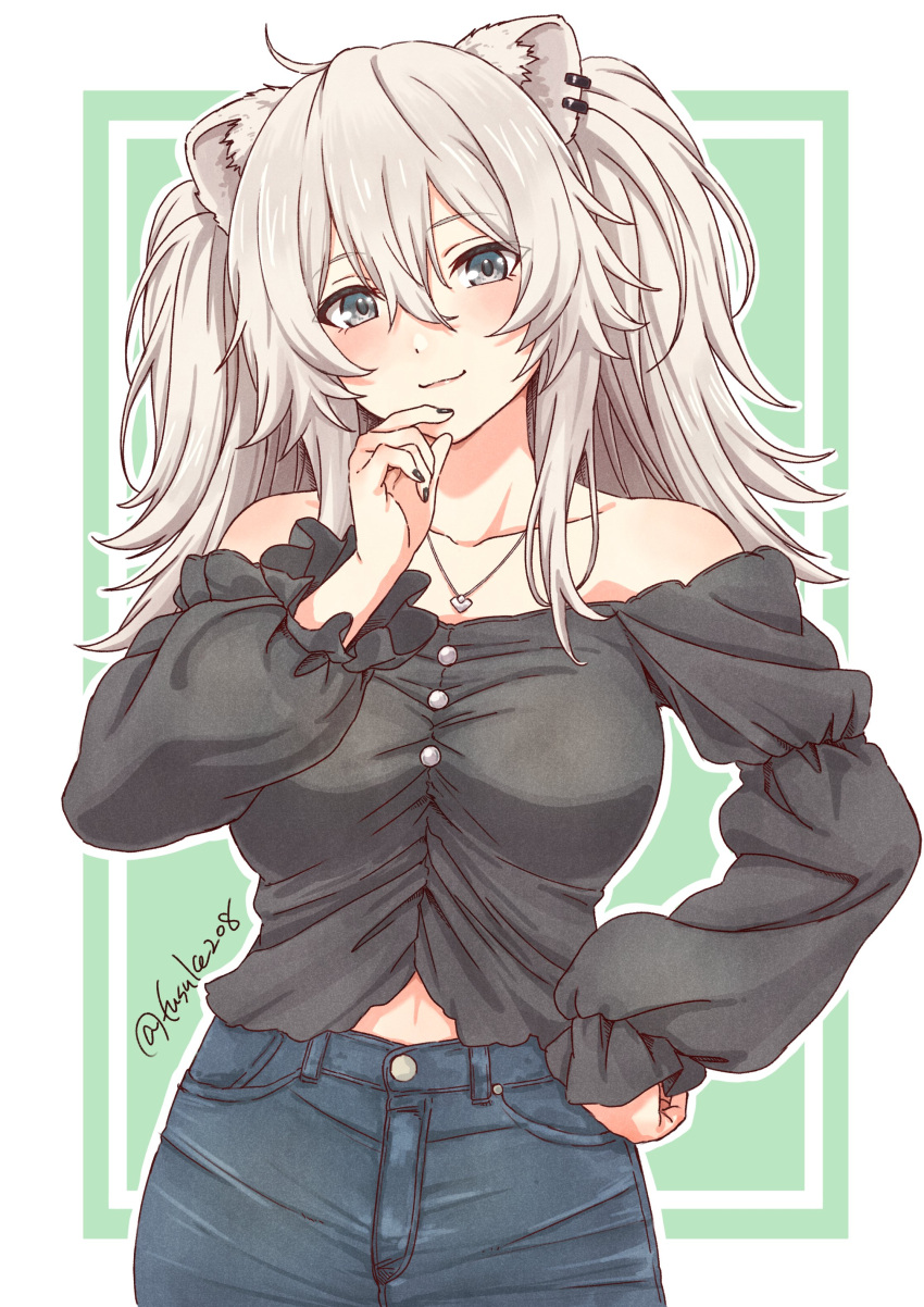 1girl :3 absurdres animal_ears bangs bare_shoulders black_shirt blush breasts closed_mouth collarbone cowboy_shot denim eyebrows_visible_through_hair fuusuke_(fusuke208) grey_eyes hair_between_eyes hand_on_hip hand_on_own_cheek hand_on_own_face highres hololive jeans jewelry lion_ears long_hair long_sleeves medium_breasts navel necklace off-shoulder_shirt off_shoulder pants shirt shishiro_botan sidelocks silver_hair smile solo twintails twitter_username two-tone_background virtual_youtuber