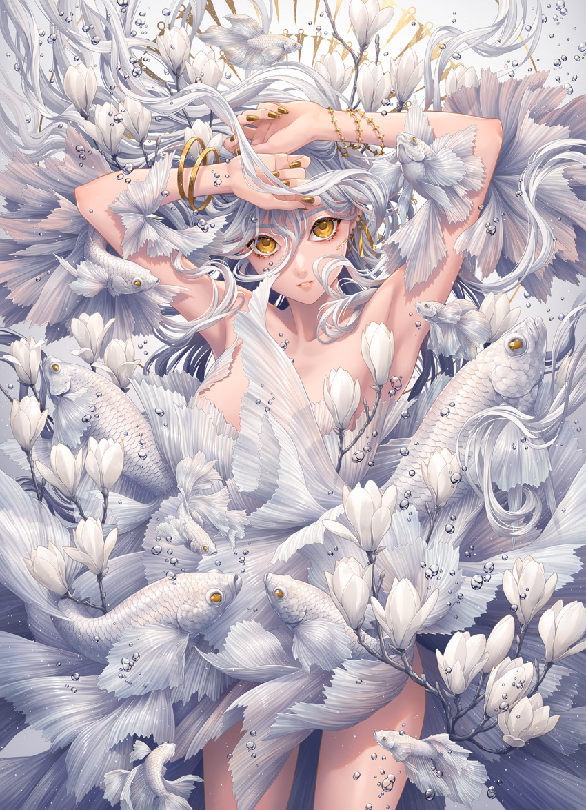 1girl armpits arms_up bare_shoulders bracelet bubble fish floating_hair flower gold_nails hair_between_eyes highres jewelry long_hair looking_at_viewer magnolia minami_(minami373916) original parted_lips plant shadow smile solo white_flower white_hair yellow_eyes