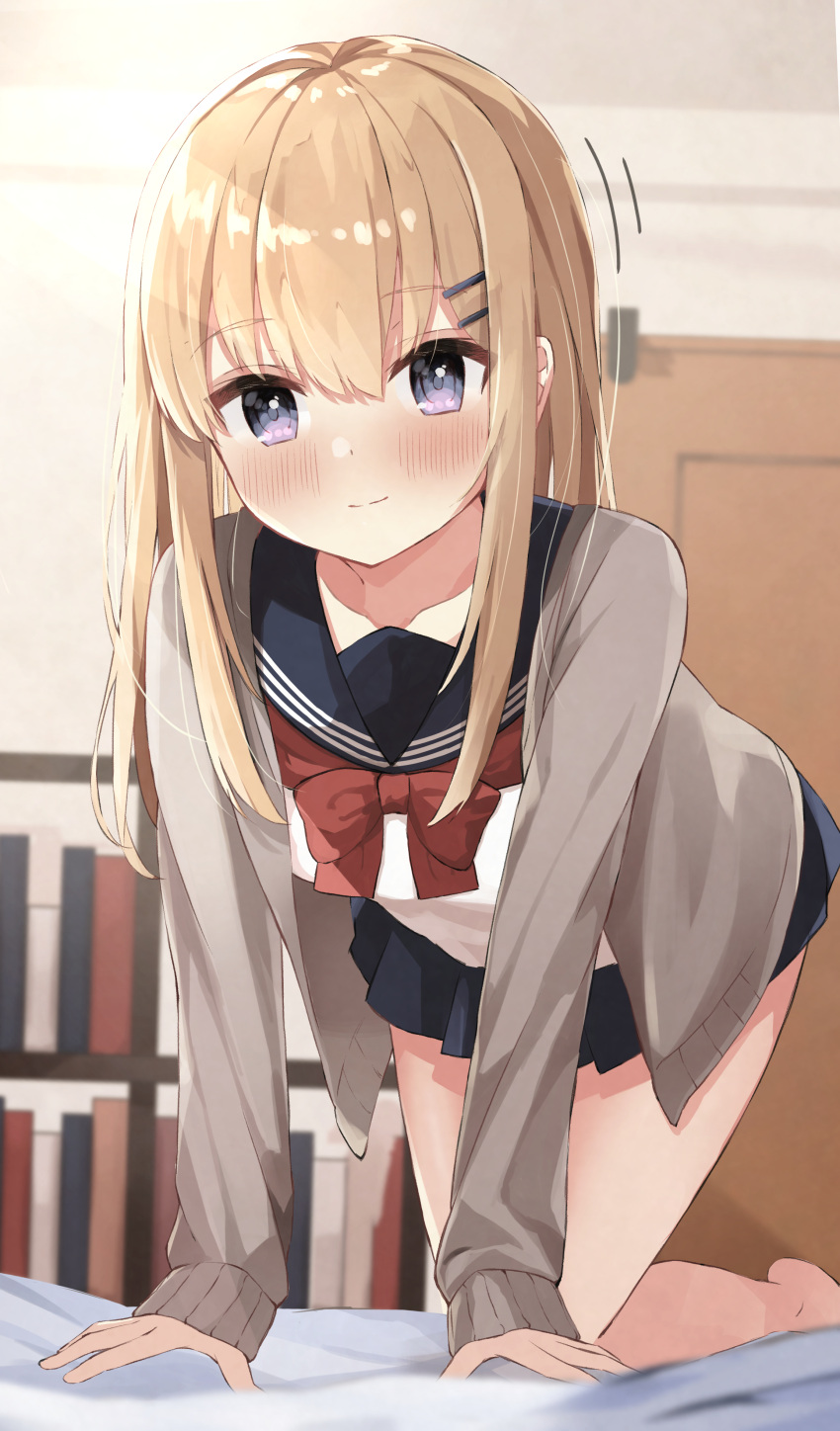 1girl absurdres akagikou all_fours bangs bare_legs blonde_hair blue_sailor_collar blue_skirt blush bookshelf bow bowtie breasts cardigan commentary_request door eyebrows_visible_through_hair grey_cardigan hair_ornament hairpin highres indoors light_smile long_hair long_sleeves looking_at_viewer on_bed open_cardigan open_clothes original pleated_skirt red_bow red_neckwear sailor_collar school_uniform shirt skirt solo violet_eyes white_shirt