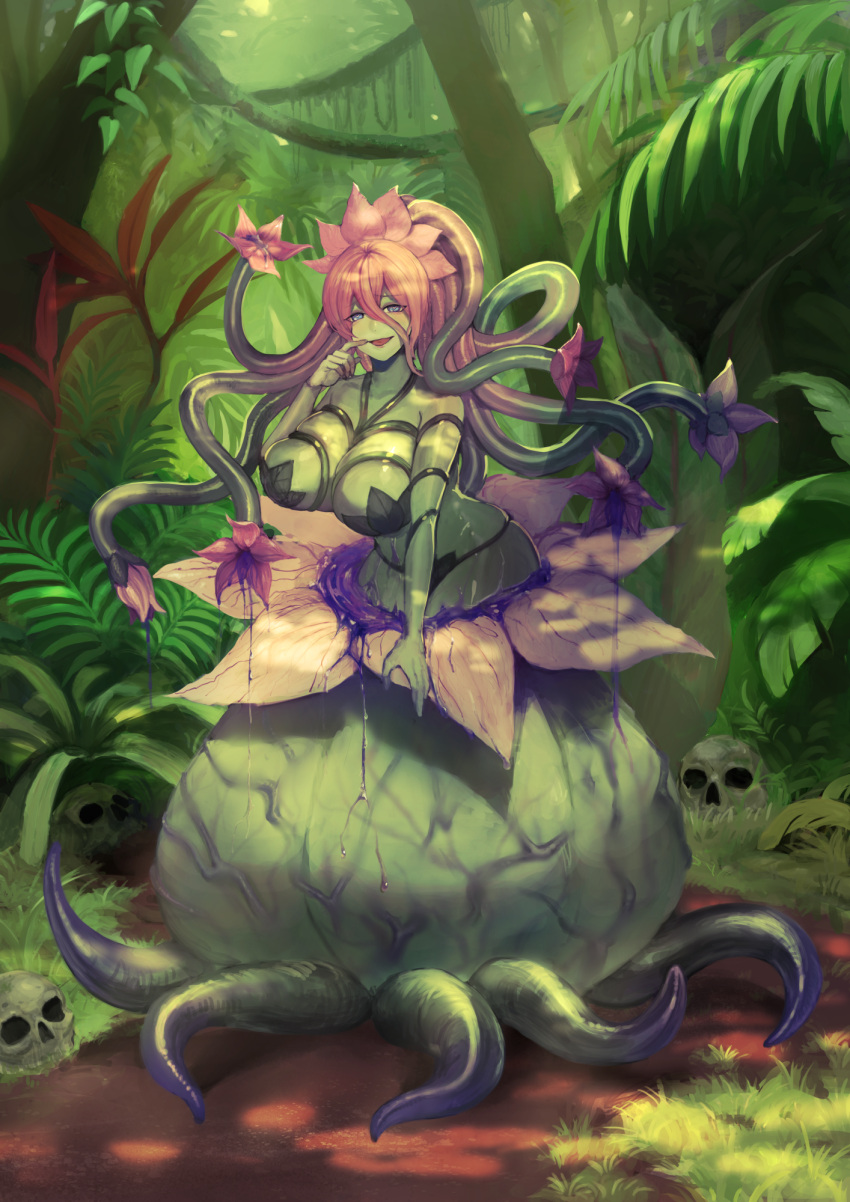 1girl :d alraune blue_eyes breasts colored_skin commentary_request flower forest full_body green_skin hair_between_eyes heart heart-shaped_pupils highres huge_breasts looking_at_viewer monster_girl nature open_mouth original pink_hair plant plant_girl saz8720 skull smile solo symbol-shaped_pupils tentacles tree vines you_gonna_get_raped