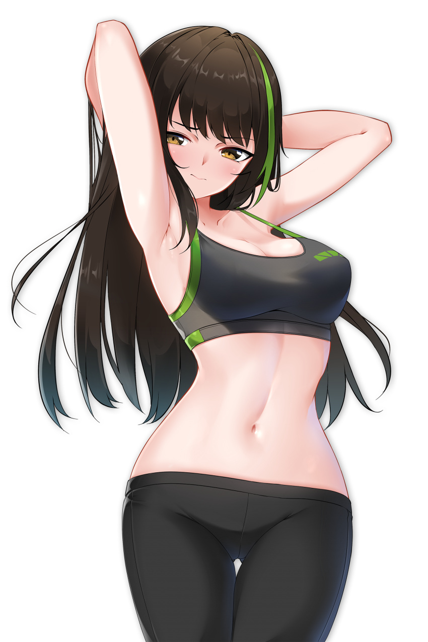 &gt;:( 1girl absurdres armpits arms_behind_head arms_up ass_visible_through_thighs bangs black_pants blush breasts brown_hair closed_mouth commentary commission cowboy_shot english_commentary eyebrows_visible_through_hair girls_frontline green_hair groin highres large_breasts looking_at_viewer m4a1_(girls_frontline) multicolored_hair navel pants simple_background solo sports_bra stomach strap_gap streaked_hair two-tone_hair v-shaped_eyebrows white_background yellow_eyes yoga_pants z.taiga