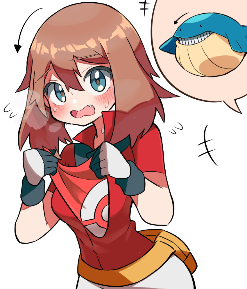 +++ 1girl arrow_(symbol) bangs blush breasts brown_hair collared_shirt commentary_request fang fanny_pack flying_sweatdrops gen_3_pokemon gloves green_eyes hair_between_eyes highres holding hyou_(hyouga617) looking_at_viewer may_(pokemon) open_mouth pokemon pokemon_(game) pokemon_rse popped_collar red_shirt shirt short_sleeves simple_background skirt spoken_character sweat tongue wailmer white_background white_skirt