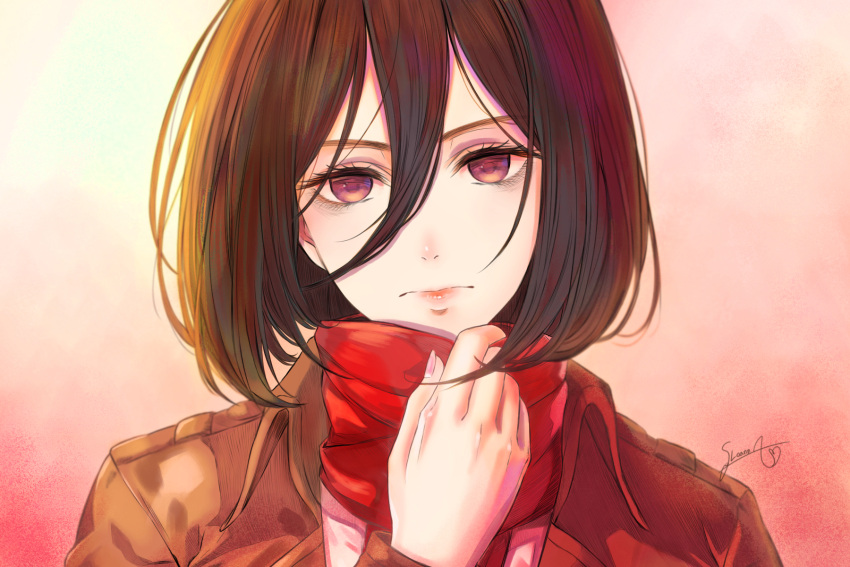 1girl adjusting_scarf artist_name backlighting bangs black_hair brown_eyes brown_jacket closed_mouth commentary_request expressionless gradient gradient_background hair_between_eyes hair_strand hand_on_own_neck head_tilt highres jacket korean_commentary lips loann_(gwon8224) long_bangs long_sleeves looking_at_viewer mikasa_ackerman pink_background profile red_neckwear red_scarf scarf shingeki_no_kyojin shirt short_hair signature solo sunset white_shirt
