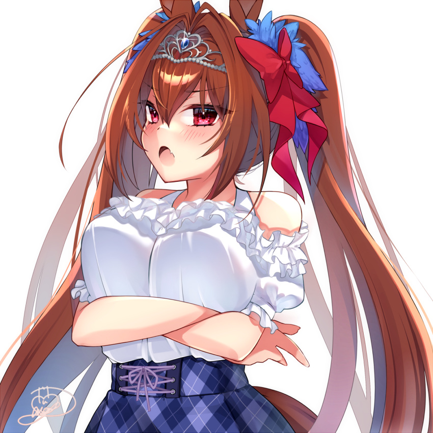 1girl :o akane_(hn_akn_12) animal_ears bare_shoulders blue_skirt blush bow breasts brown_hair commentary_request crossed_arms daiwa_scarlet_(umamusume) detached_sleeves fang hair_bow highres horse_ears horse_girl large_breasts long_hair plaid plaid_skirt red_bow red_eyes shirt short_sleeves signature skirt solo twintails umamusume very_long_hair white_background white_shirt white_sleeves