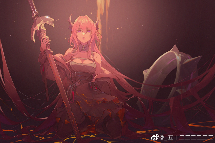 1girl absurdres arknights bare_shoulders demon demon_girl demon_horns dress highres horns long_hair looking_at_viewer redhead solo surtr_(arknights) sword violet_eyes weapon yo648