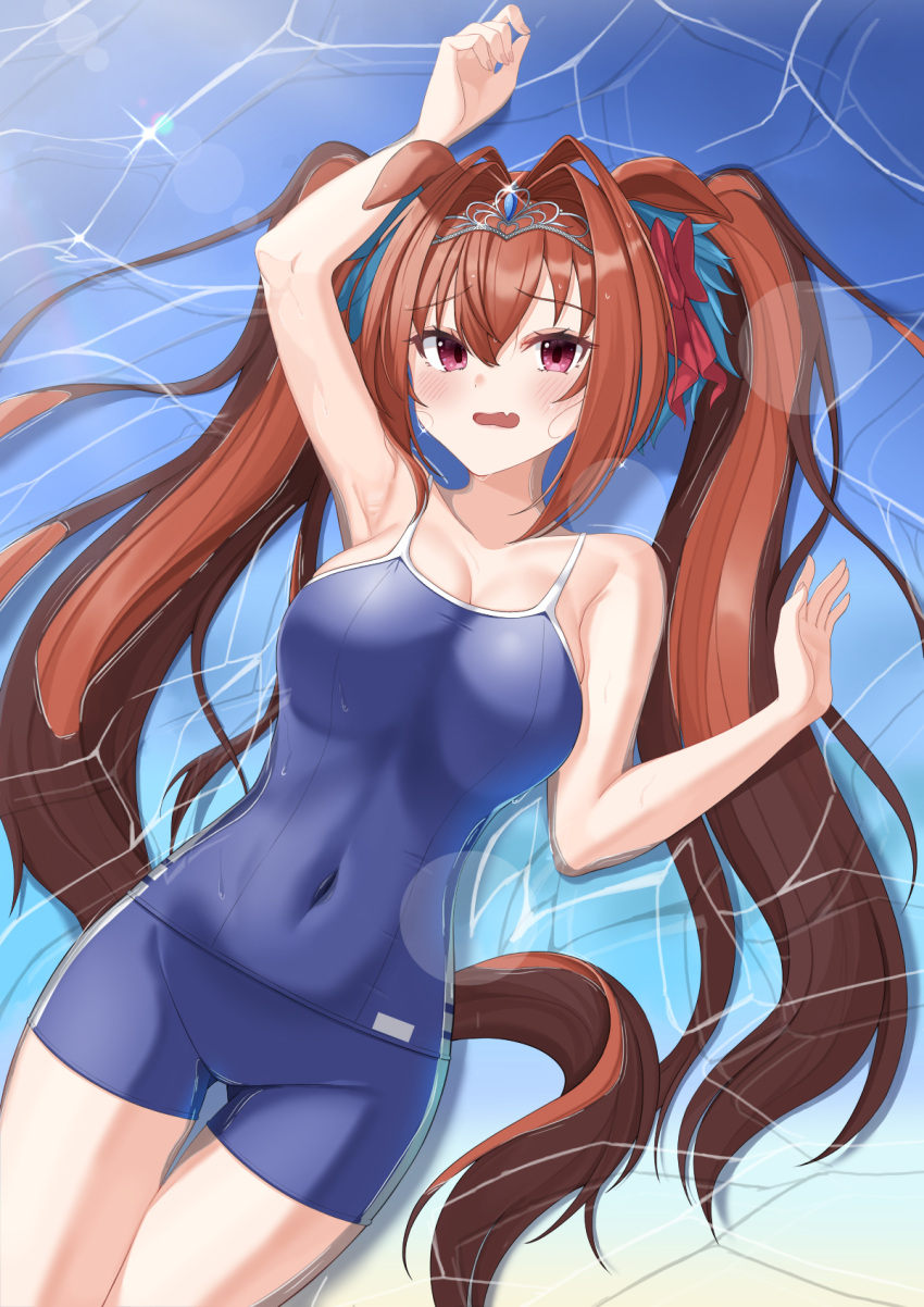 1girl animal_ears armpits bare_shoulders blush bow breasts brown_hair collarbone covered_navel daiwa_scarlet_(umamusume) dong_ja9502 hair_bow highres horse_ears horse_girl horse_tail large_breasts long_hair looking_at_viewer lying on_back open_mouth red_bow school_swimsuit solo swimsuit swimwear tail thigh_gap tiara twintails umamusume very_long_hair water wavy_mouth