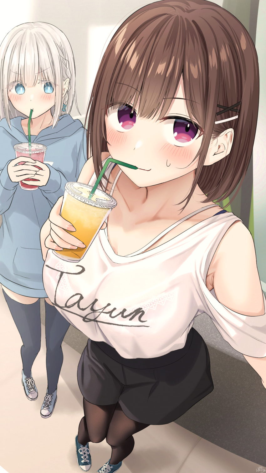 ... 2girls ? armpit_peek bangs black_legwear black_skirt blood blood_from_mouth blue_eyes blue_footwear blue_sweater blush bra_through_clothes breast_envy breasts brown_hair childhood_friend-chan_(ramchi) closed_mouth collarbone cup disposable_cup drink drinking drinking_straw drinking_straw_in_mouth eyebrows_visible_through_hair from_above hair_ornament hairclip highres holding holding_cup in_mouth long_sleeves looking_at_another medium_breasts medium_hair multiple_girls open_mouth original pigeon-toed ramchi red_eyes shirt shoes silver_hair-chan_(ramchi) skirt standing sweater thigh-highs thought_bubble white_hair white_shirt