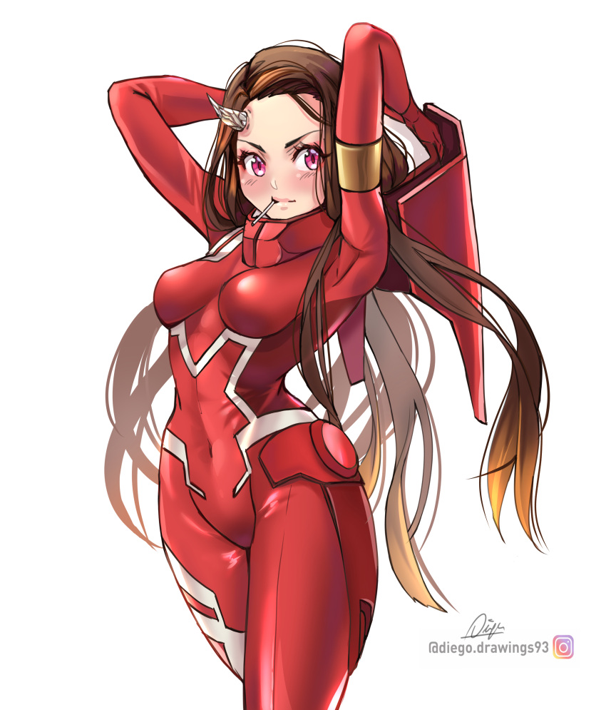 1girl absurdres alternate_costume armpits arms_up blush bodysuit breasts brown_hair cosplay cowboy_shot darling_in_the_franxx diegodraws highres horns instagram_username kamado_nezuko kimetsu_no_yaiba long_hair medium_breasts mouth_hold pink_eyes red_bodysuit signature simple_background single_horn solo very_long_hair white_background zero_two_(darling_in_the_franxx) zero_two_(darling_in_the_franxx)_(cosplay)