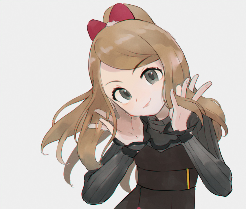 1girl bangs black_dress black_eyes blush bow breasts brown_hair closed_mouth commentary dress eyebrows_visible_through_hair grey_background hair_bow hands_up happy head_tilt highres kikuyoshi_(tracco) light_blush long_hair long_sleeves looking_at_viewer playing_with_own_hair pokemon pokemon_(game) pokemon_masters_ex ponytail red_bow serena_(pokemon) shiny shiny_hair sidelocks simple_background small_breasts smile solo standing swept_bangs tied_hair upper_body