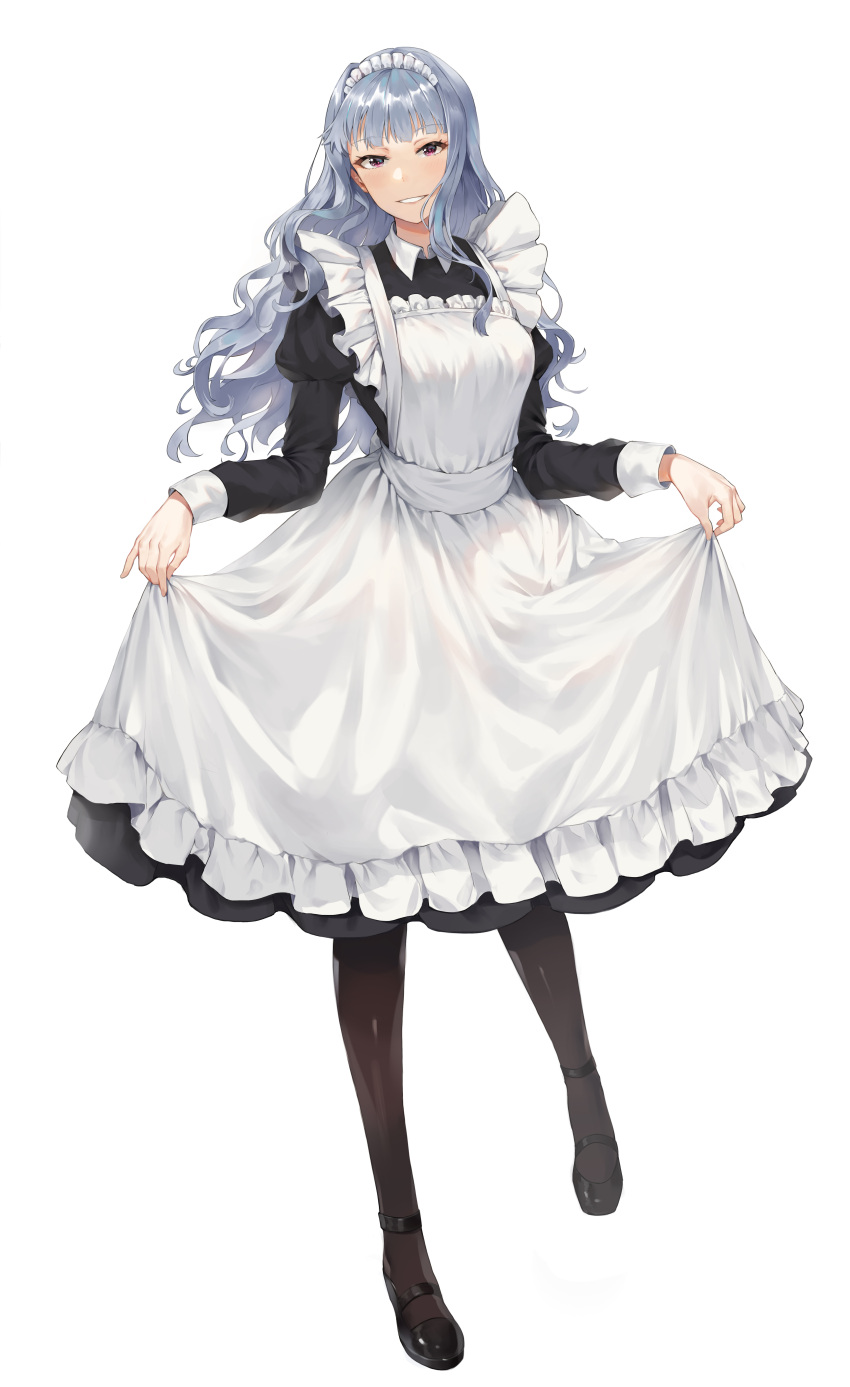 1girl absurdres alternate_costume ankle_strap apron bangs black_dress black_footwear breasts brown_legwear collared_dress commentary_request dress enmaided eyebrows_visible_through_hair frilled_apron frills full_body grin highres idolmaster idolmaster_(classic) juliet_sleeves light_blush long_hair long_sleeves looking_at_viewer maid maid_apron maid_headdress medium_breasts pantyhose pink_eyes puffy_sleeves shijou_takane shiny shiny_hair shoes sidelocks silver_hair simple_background skirt_hold smile solo standing tuxedo_de_cat wavy_hair white_apron white_background