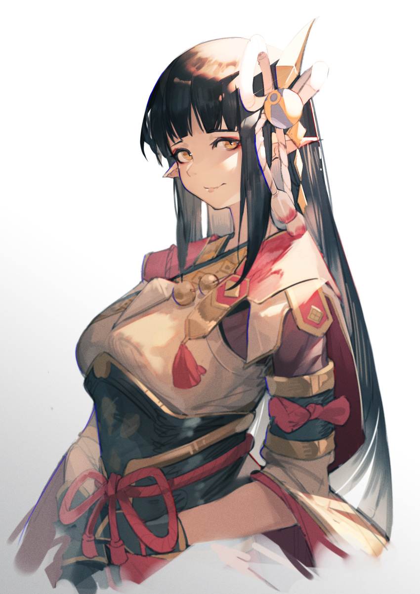 1girl absurdres bangs black_hair blunt_bangs breasts eyeshadow gloves hair_ornament highres hinoa japanese_clothes kimono kkj25 long_hair looking_at_viewer makeup monster_hunter_(series) monster_hunter_rise pointy_hair red_eyeshadow simple_background smile solo white_background yellow_eyes