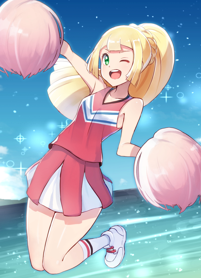 1girl ;d arm_up bangs bare_arms blonde_hair braid cheerleader clouds commentary_request cosplay hikari_(pokemon) hikari_(pokemon)_(cosplay) day eyelashes floating_hair green_eyes highres holding holding_pom_poms lillie_(pokemon) long_hair one_eye_closed open_mouth outdoors pokemon pokemon_(anime) pokemon_dppt_(anime) pokemon_sm_(anime) pom_poms shiny shiny_hair shirt shoes skirt sky smile socks solo sparkle teeth tongue water white_footwear white_legwear yasu_suupatenin