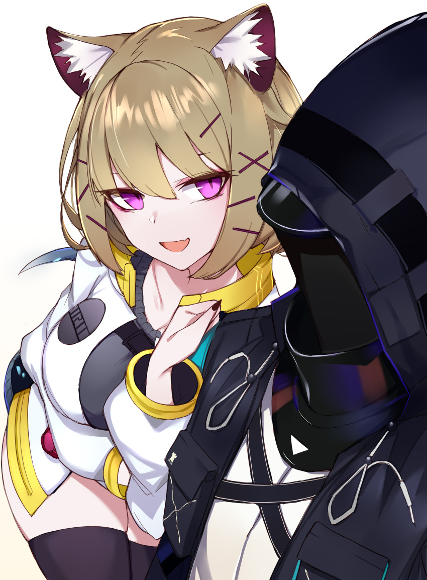 1girl absurdres animal_ear_fluff animal_ears arknights breasts choumi_wuti_(xueye_fanmang_zhong) collarbone doctor_(arknights) hair_ornament hairclip highres holding_another's_arm large_breasts nail open_mouth orange_hair short_hair snake_tail solo spacesuit tail thigh-highs thighs utage_(arknights) violet_eyes