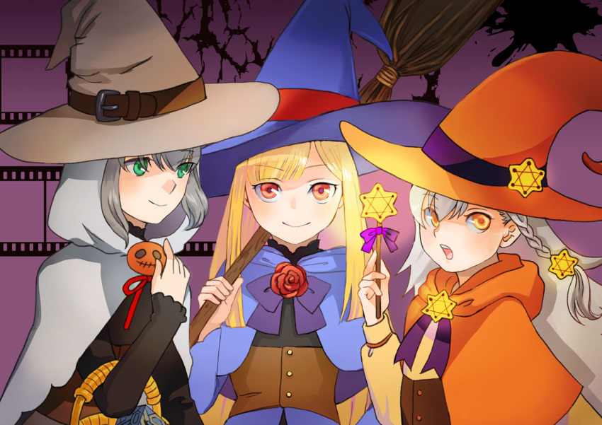 3girls bangs basket beige_headwear belt black_background blonde_hair blue_headwear bow braid broom brown_belt buttons cape closed_mouth commentary_request corset fate_(series) flower gray_(fate) green_eyes grey_cape grey_hair hair_ornament halloween hat holding holding_wand hood hooded_cape long_hair long_sleeves looking_at_viewer lord_el-melloi_ii_case_files multiple_girls olga_marie_animusphere open_mouth orange_headwear pink_background red_flower red_rose reines_el-melloi_archisorte rose satou_usuzuku short_hair smile two-tone_background upper_body upper_teeth wand witch_hat yellow_eyes