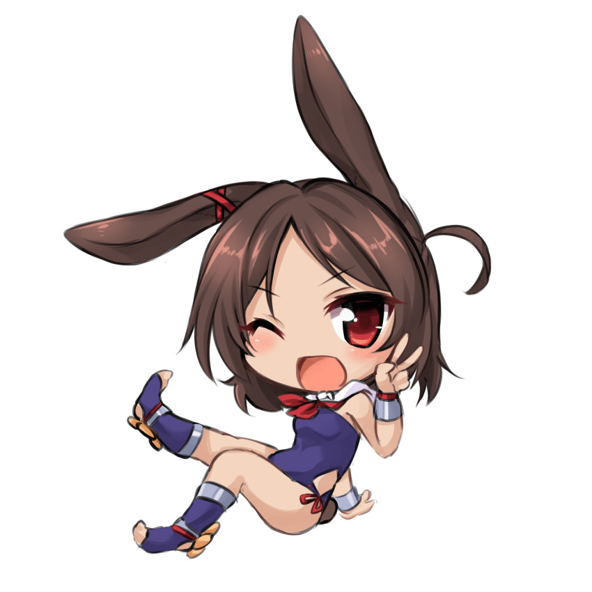 1girl animal_ears azur_lane blush brown_eyes brown_hair chibi commentary_request dark_skin dark-skinned_female detached_collar highres i-26_(azur_lane) kinomiki_(tales22) looking_at_viewer one-piece_swimsuit open_mouth rabbit_ears red_eyes sailor_collar short_hair smile solo strapless swimsuit