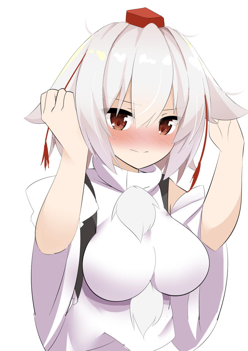 1girl 9150namihana absurdres animal_ears bangs bare_shoulders blush breasts closed_mouth highres inubashiri_momiji looking_at_viewer red_eyes shirt short_hair simple_background solo touhou white_background white_hair white_shirt white_sleeves wolf_ears wolf_girl