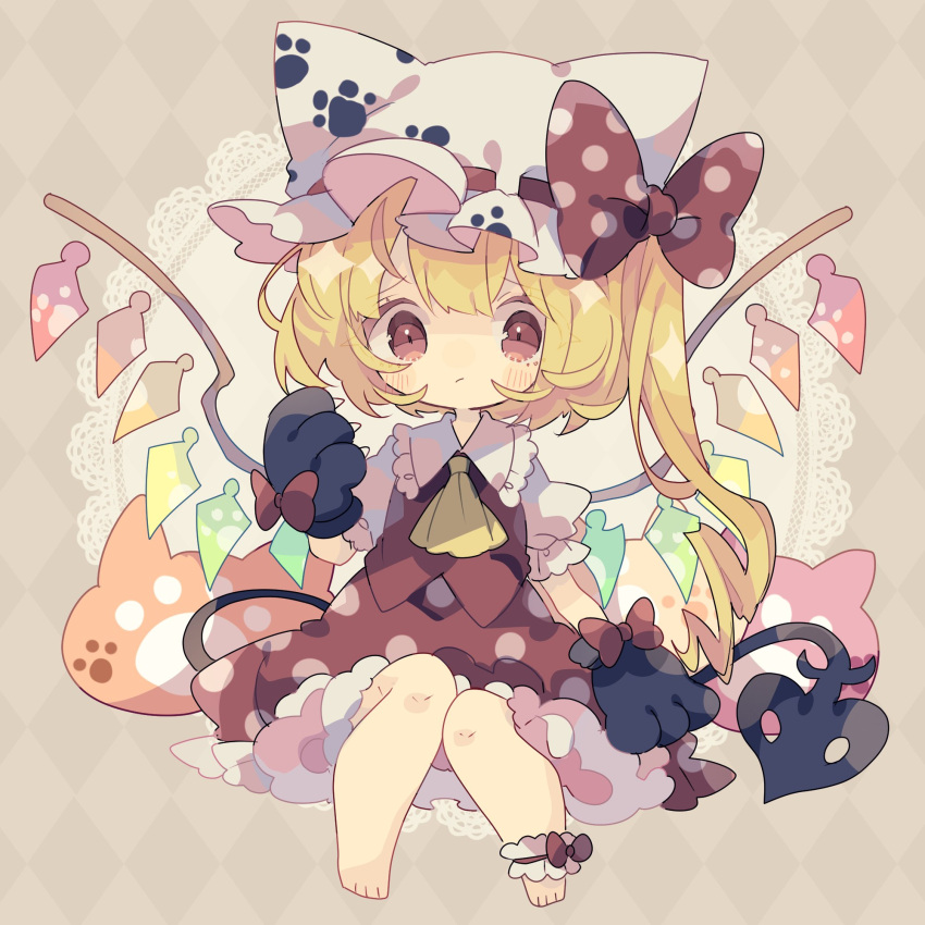 1girl argyle argyle_background ascot bangs barefoot blonde_hair blush bow cat_paws chibi closed_mouth crystal eyebrows_visible_through_hair flandre_scarlet full_body grey_background hat hat_bow highres looking_at_viewer nikorashi-ka paws rainbow_order red_bow red_eyes red_skirt red_vest shirt short_hair short_sleeves side_ponytail skirt solo touhou vest white_headwear white_shirt wings yellow_neckwear