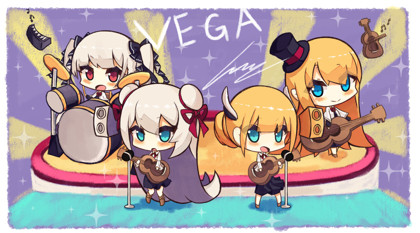 4girls :d absurdly_long_hair absurdres alternate_costume aqua_eyes azur_lane band bangs blonde_hair blue_eyes chibi commentary double_bun drum drum_set drumsticks eyebrows_visible_through_hair eyes_visible_through_hair formidable_(azur_lane) full_body guitar hair_bun hair_ribbon hat highres inkyubeiteo instrument keyboard_(instrument) le_malin_(azur_lane) le_triomphant_(azur_lane) long_hair looking_at_viewer microphone_stand mini_hat mini_top_hat multiple_girls music open_mouth playing_instrument red_eyes ribbon sidelocks silver_hair smile top_hat twintails very_long_hair victorious_(azur_lane)