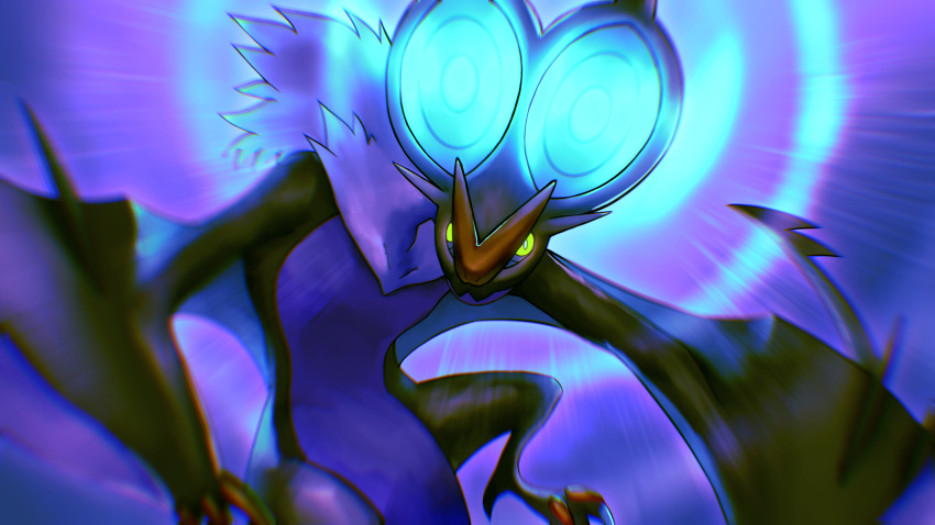 absurdres blurry bright_pupils chromatic_aberration closed_mouth commentary gen_6_pokemon glowing glowing_eyes green_eyes higa-tsubasa highres looking_at_viewer no_humans noivern pokemon pokemon_(creature) solo