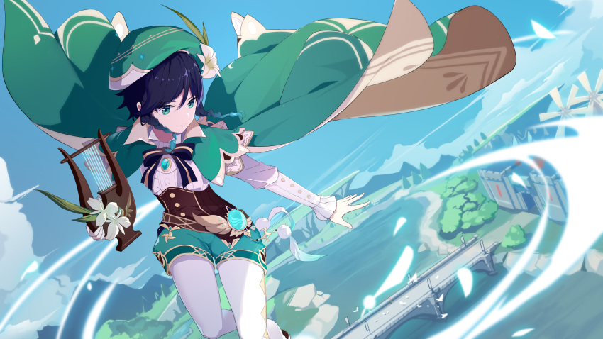 1boy absurdres aqua_hair bangs black_hair braid cape closed_mouth day feathers flower genshin_impact green_cape green_eyes green_headwear hat hat_flower highres holding holding_instrument instrument long_sleeves lyre male_focus mountain outdoors shorts side_braids sky solo tree venti_(genshin_impact) vision_(genshin_impact) water wawazi white_flower windmill