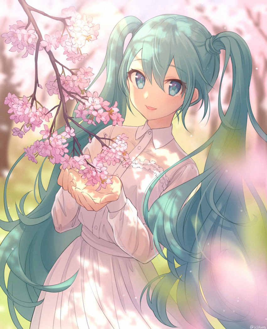 1girl aqua_eyes bangs cherry_blossoms collared_dress cowboy_shot dappled_sunlight dress eyebrows_visible_through_hair hair_between_eyes hands_up hatsune_miku highres lens_flare long_hair long_sleeves looking_at_viewer parted_lips smile solo sunlight tree_branch twintails u2hara very_long_hair vocaloid white_dress