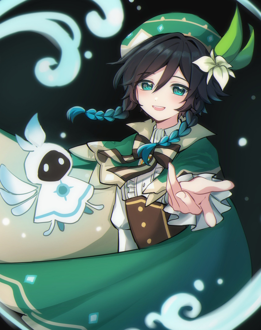 1boy androgynous bangs barbatos_(genshin_impact) beret black_background black_hair blue_hair bow braid cape cloak collared_cape corset detached_wings elemental_(creature) eyebrows_visible_through_hair flower frilled_sleeves frills genshin_impact gradient_hair green_eyes green_headwear hair_flower hair_ornament hat highres hood hood_up hooded_cloak leaf light_particles long_sleeves looking_at_viewer male_focus multicolored_hair open_mouth shirt short_hair_with_long_locks simple_background smile solo twin_braids u_u_k_e_n venti_(genshin_impact) white_flower white_shirt wings