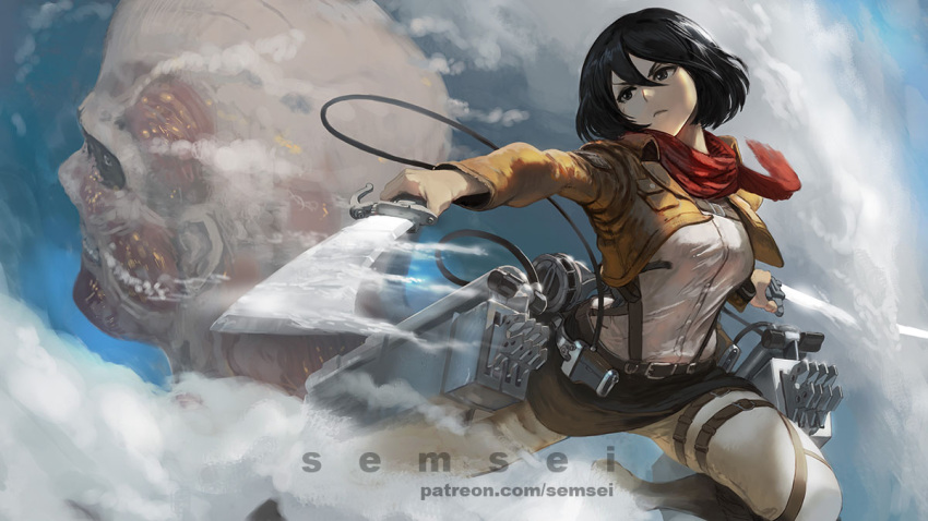 1girl artist_name bangs belt black_eyes black_hair bob_cut boots clouds colossal_titan commentary cropped_jacket david_semsei english_commentary fighting foreshortening frown furrowed_eyebrows giant grey_pants hair_between_eyes holding holding_weapon jacket long_bangs looking_at_another looking_back looking_to_the_side mikasa_ackerman mixed-language_commentary muscular pants paradis_military_uniform patreon_username red_neckwear red_scarf scar scar_on_cheek scar_on_face scarf shingeki_no_kyojin shirt short_hair sky solo sword thigh-highs thigh_boots thigh_strap three-dimensional_maneuver_gear watermark weapon web_address white_shirt