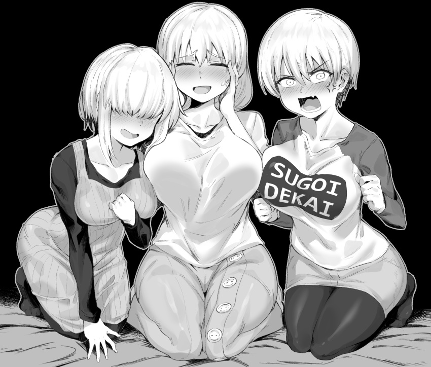 3girls :d absurdres anger_vein angry bangs black_background black_legwear black_shirt blush bob_cut breasts buttons clenched_hand closed_eyes clothes_writing collarbone commentary constricted_pupils dress embarrassed eyebrows_visible_through_hair fang furrowed_eyebrows greyscale hair_between_eyes hair_over_eyes hand_on_own_chest hands_on_own_face highres kneeling large_breasts leaning_forward long_bangs long_hair long_skirt long_sleeves looking_at_viewer miniskirt monochrome mother_and_daughter moto_toshi multiple_girls nervous nervous_smile no_shoes nose_blush open_mouth pantyhose pinafore_dress raglan_sleeves raised_eyebrows ribbed_dress romaji_text sanpaku seiza shirt short_hair short_hair_with_long_locks shouting siblings side-by-side simple_background sisters sitting skirt smile sweatdrop uzaki-chan_wa_asobitai! uzaki_hana uzaki_tsuki uzaki_yanagi white_shirt