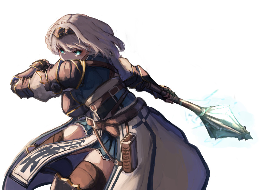 1girl absurdres armor belt belt_pouch black_hairband black_legwear blue_skirt braid breasts brown_belt chest_guard cowboy_shot determined fighting_stance french_braid gauntlets greaves green_eyes hairband highres holding holding_weapon hololive hololive_fantasy inre_kemomimi knee_up large_breasts leather_belt leg_up looking_at_viewer mace miniskirt pouch shirogane_noel short_hair shoulder_armor silver_hair simple_background skindentation skirt solo spaulders thigh-highs thighhighs_under_boots virtual_youtuber waist_cape weapon white_background