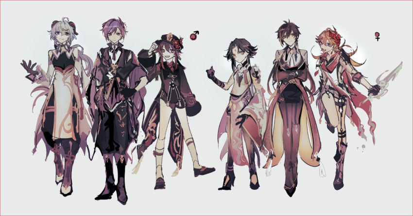 3boys 3girls ahoge aqua_hair arm_tattoo armor asymmetrical_clothes ayano_(katou) bangs bead_necklace beads black_gloves black_hair boots breasts brown_hair closed_mouth crossed_arms detached_sleeves facial_mark flower forehead_mark ganyu_(genshin_impact) genderswap genderswap_(ftm) genderswap_(mtf) genshin_impact gloves grey_background hair_between_eyes hair_ornament hand_on_hip hat hat_flower holding holding_weapon hu_tao jewelry keqing_(genshin_impact) leg_up long_hair long_sleeves mars_symbol mask mask_on_head miniskirt multiple_boys multiple_girls necklace open_mouth orange_hair pantyhose plum_blossoms ponytail purple_hair red_scarf redhead scarf sidelocks simple_background single_earring skirt standing tartaglia_(genshin_impact) tassel tattoo venus_symbol weapon xiao_(genshin_impact) zhongli_(genshin_impact)