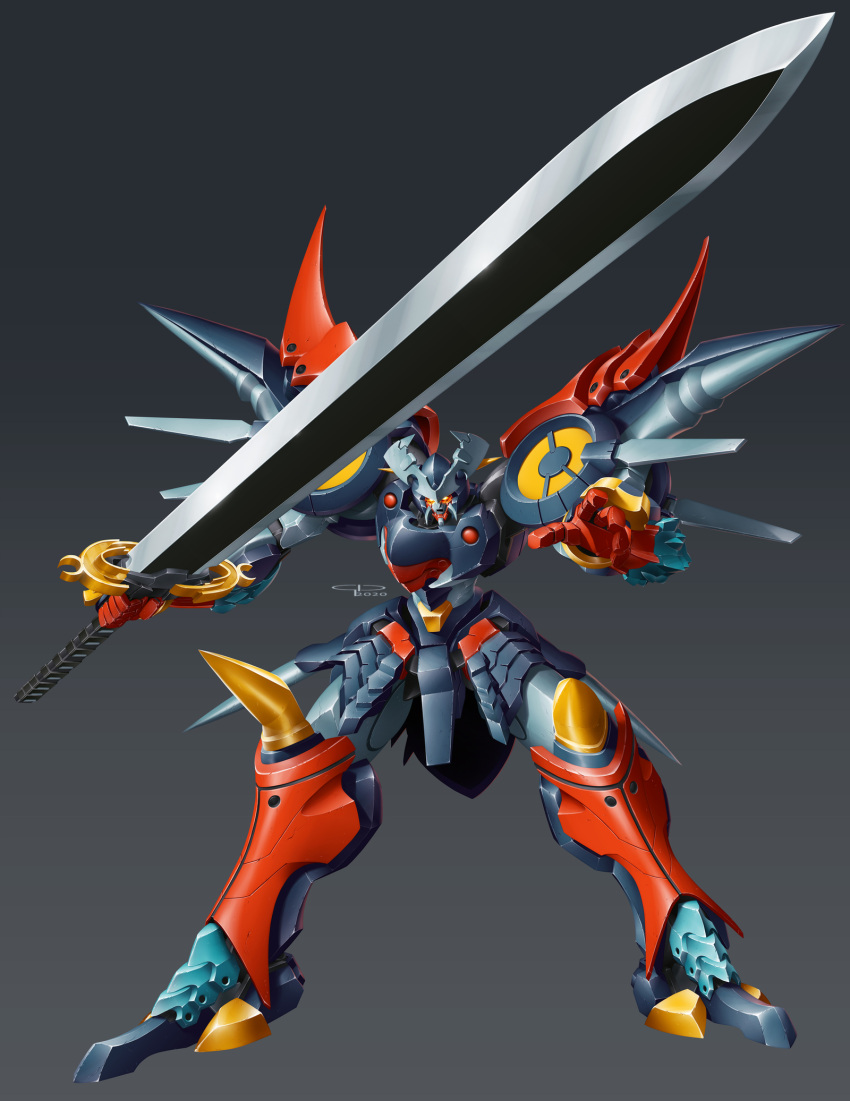 dygenguar english_commentary gio_tengco glowing glowing_eyes grey_background highres holding holding_sword holding_weapon looking_down mecha no_humans open_hand orange_eyes science_fiction solo super_robot super_robot_wars super_robot_wars_original_generation sword weapon