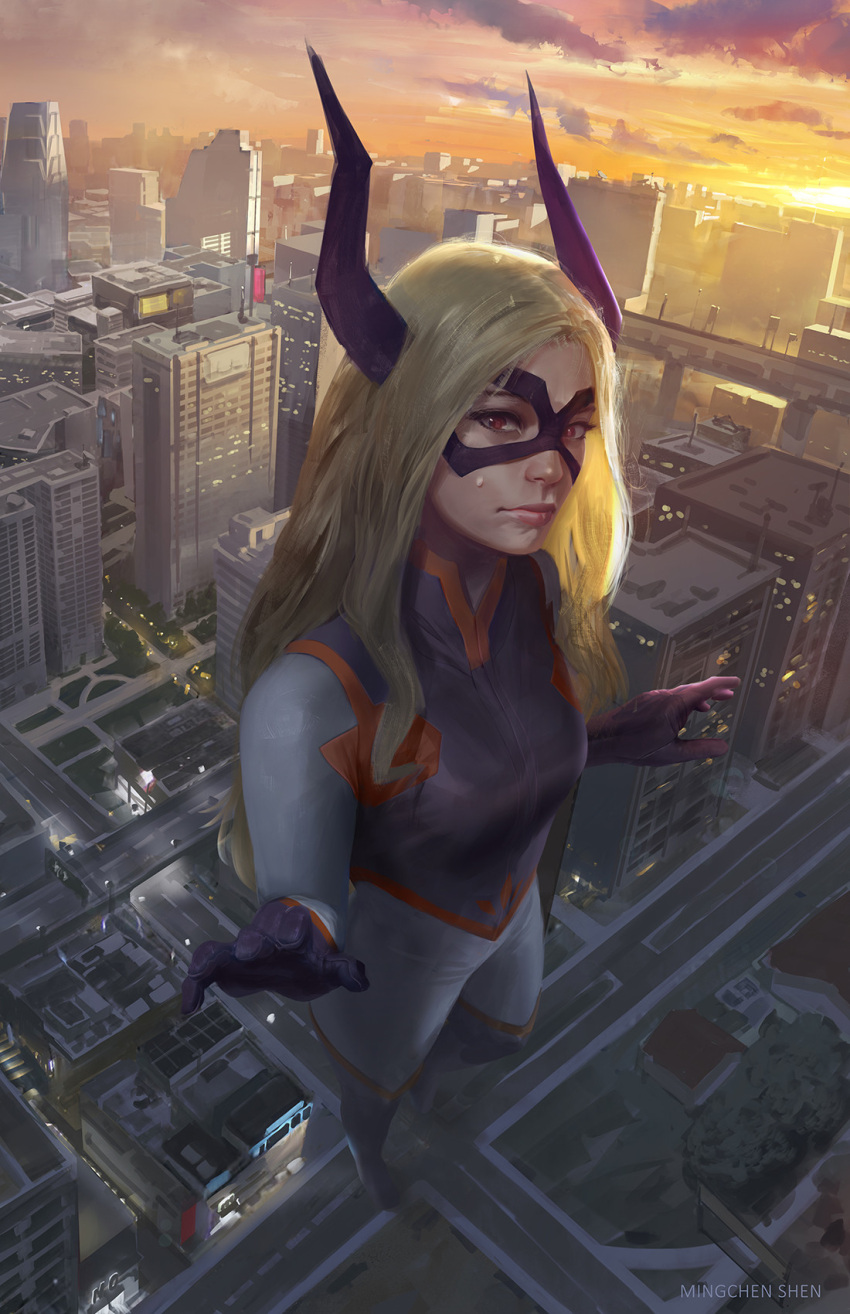 1girl artist_name blonde_hair boku_no_hero_academia building city closed_mouth clouds cloudy_sky commentary giant giantess grass highres jumpsuit looking_at_viewer mask mount_lady mshen pavement red_eyes road sky skyline solo standing sun sunset superhero tagme