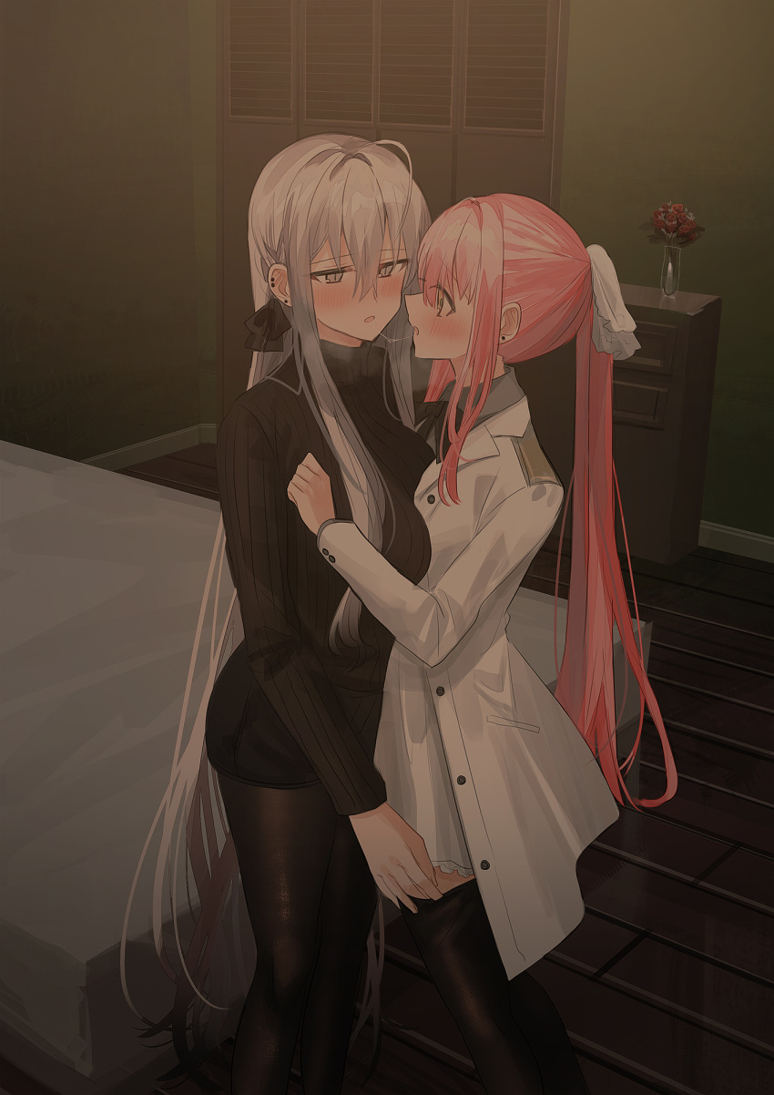 2girls ahoge bangs bed black_bow black_legwear black_shorts black_sweater blush bow breasts brown_eyes chihuri collared_shirt commentary_request ear_piercing earrings eye_contact eyebrows_visible_through_hair feet_out_of_frame flower grey_eyes grey_hair grey_shirt hair_between_eyes hair_bow highres indoors jacket jewelry legwear_under_shorts long_hair looking_at_another medium_breasts military_jacket multiple_girls open_clothes open_jacket original parted_lips piercing pink_hair ponytail profile red_flower red_rose ribbed_sweater rose saliva saliva_trail shirt short_shorts shorts skirt stud_earrings sweater thigh-highs thighhighs_pull vase very_long_hair white_flower white_jacket white_skirt wooden_floor yana_(chihuri) yuri zoya_petrovna_vecheslova