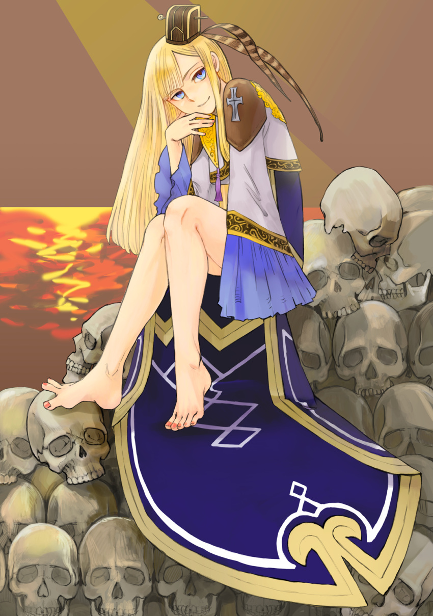 1girl alternate_costume arched_back bangs bare_legs barefoot blonde_hair blue_eyes blunt_bangs brown_headwear commentary_request fate/grand_order fate_(series) feet full_body hand_on_own_chin hand_up highres long_hair long_sleeves looking_at_viewer red_nails reines_el-melloi_archisorte royal_robe satou_usuzuku sitting skull smile solo throne toenail_polish