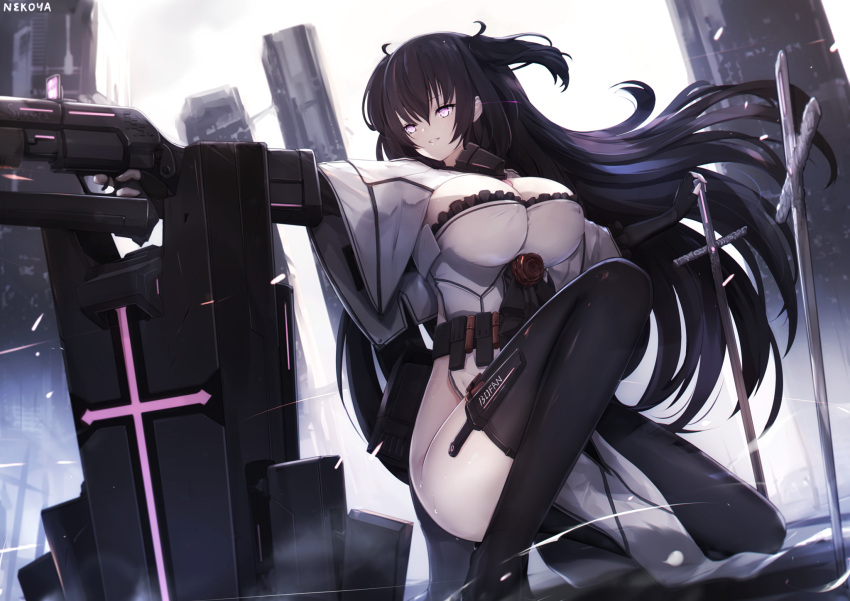 1girl artist_name bangs belt_pouch black_gloves black_hair black_legwear breasts capelet commentary_request commission dress fingerless_gloves flower gloves grin gun hair_between_eyes highres holding holding_gun holding_sword holding_weapon huge_filesize large_breasts long_hair looking_afar mecha_musume nekoya_(liu) one_knee original planted_weapon pouch red_flower red_rose rose shield smile solo sword thigh-highs two_side_up very_long_hair violet_eyes weapon white_capelet white_dress