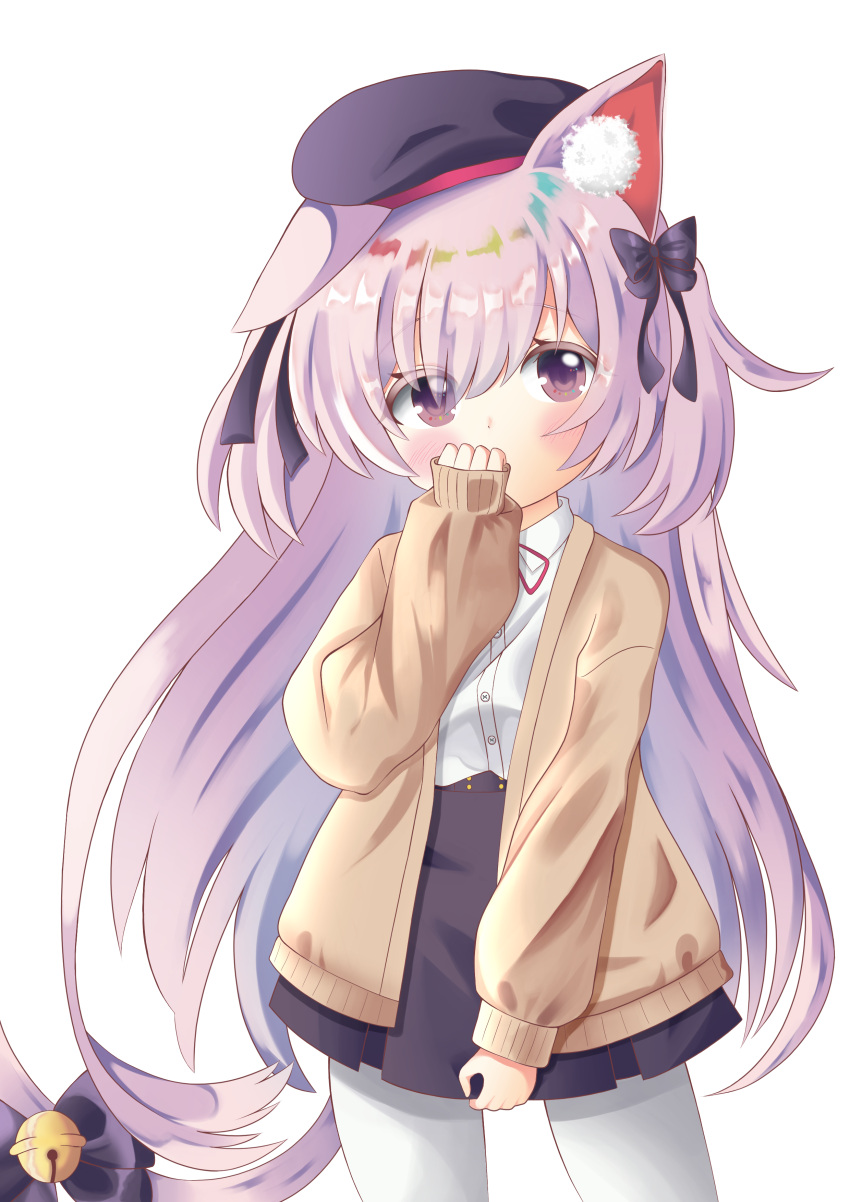 1girl absurdres animal_ear_fluff animal_ears artist_request azur_lane bell black_headwear black_skirt bow brown_cardigan bush cardigan cat_ears cat_girl cat_tail covering_mouth hair_bow hand_to_own_mouth hat highres jingle_bell kisaragi_(azur_lane) long_hair pantyhose pink_eyes pink_hair ribbon shirt skirt skirt_tug solo tail tail_ornament tail_ribbon two_side_up white_legwear white_shirt