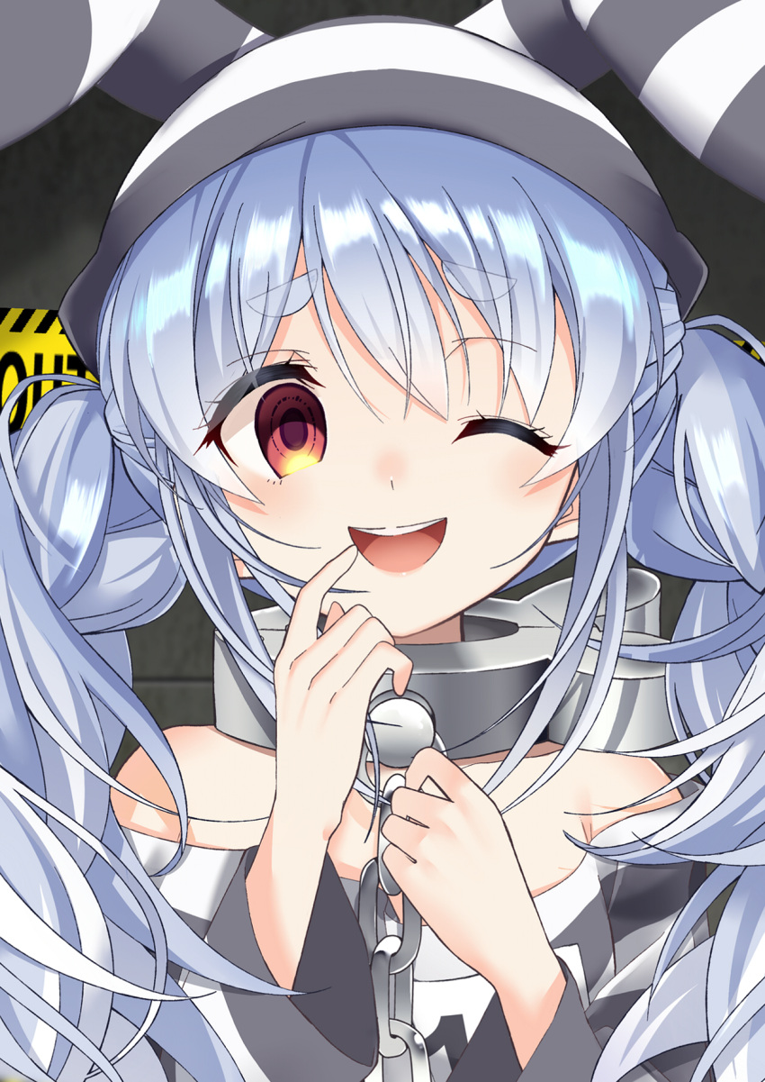 1girl ;d animal_ears bangs blue_hair blurry braid caution_tape chain collar commentary_request depth_of_field english_text eyebrows_visible_through_hair hair_between_eyes hands_up highres hololive keep_out kuuma25_kuma light_blush long_hair long_sleeves looking_at_viewer metal_collar off-shoulder_shirt off_shoulder one_eye_closed open_mouth orange_eyes prison_clothes rabbit_ears shadow shiny shiny_hair shirt smile solo striped striped_headwear striped_shirt thick_eyebrows twin_braids twintails upper_body upper_teeth usada_pekora very_long_hair virtual_youtuber