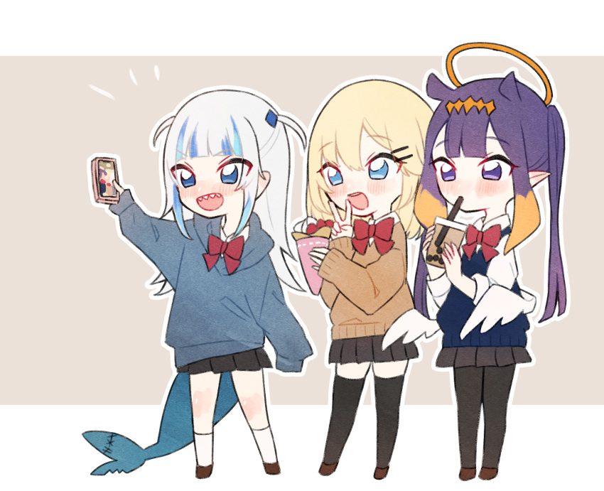 3girls :d absurdres alternate_costume alternate_hairstyle arm_up black_legwear blonde_hair blue_eyes blue_hair blush bow bowtie bubble_tea cardigan cellphone chibi commentary_request crepe drinking fish_tail food full_body gawr_gura grey_background grey_hair hair_ornament hairclip halo highres hololive hololive_english long_hair long_sleeves multicolored_hair multiple_girls neru_(flareuptf1) ninomae_ina'nis open_mouth pantyhose phone pleated_skirt pointy_ears purple_hair red_bow red_neckwear school_uniform shark_tail sharp_teeth skirt sleeves_past_fingers sleeves_past_wrists smile standing streaked_hair tail teeth tentacle_hair thigh-highs twintails two-tone_background two_side_up v violet_eyes watson_amelia white_background white_legwear wings zettai_ryouiki