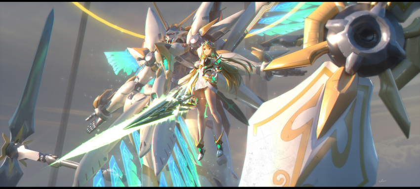 1girl aegis_sword_(xenoblade) bangs blonde_hair breasts cleavage_cutout clothing_cutout commentary commentary_request dress floating highres large_breasts long_hair looking_to_the_side mecha mythra_(xenoblade) outstretched_arm siren_(xenoblade) swd3e2 swept_bangs thigh_strap tiara white_dress xenoblade_chronicles_(series) xenoblade_chronicles_2