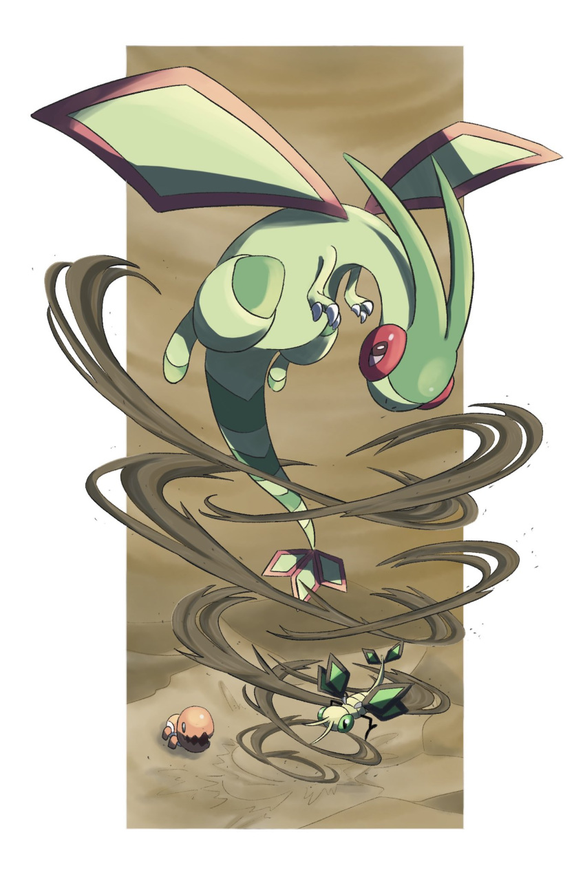 border claws commentary_request desert flygon flying gen_3_pokemon highres looking_back niiichi_21pk no_humans outside_border pokemon pokemon_(creature) sand trapinch vibrava white_border