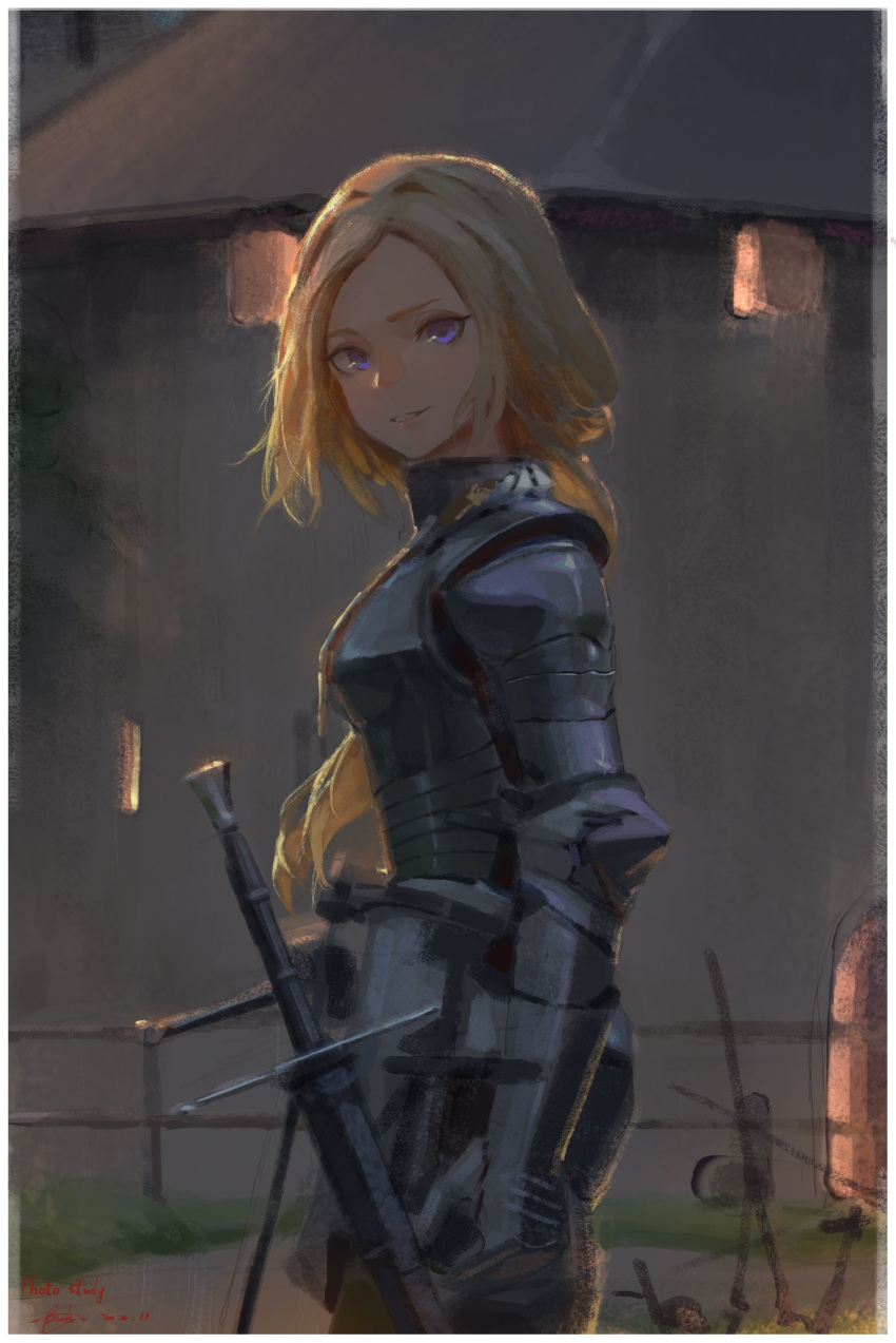 1girl absurdres armor blonde_hair blue_eyes breasts bwh fantasy from_side highres knight long_hair looking_at_viewer medium_breasts original parted_lips photo-referenced sheath sheathed smile solo sword tied_hair weapon