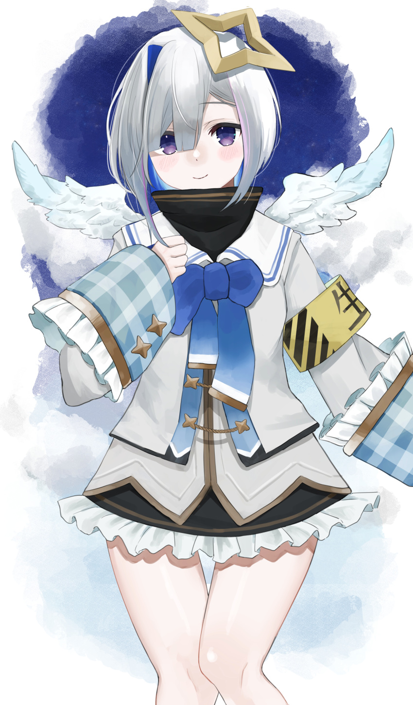 1girl absurdres amane_kanata angel angel_wings asymmetrical_bangs asymmetrical_hair bangs black_sky blue_background blue_hair blue_hairband blue_wings blush bob_cut bow bowtie closed_mouth clouds colored_inner_hair commentary feathered_wings frilled_skirt frills gradient gradient_wings hair_ornament hair_over_one_eye hair_strand hairband halo hand_on_own_chest highres hololive jacket knees_together_feet_apart long_sleeves looking_at_viewer mini_wings multicolored multicolored_hair multicolored_wings sailor_collar shin_ilst short_hair silver_hair single_hair_intake skirt sleeve_cuffs sleeves_folded_up smile solo star_halo streaked_hair thigh_gap turtleneck violet_eyes virtual_youtuber white_jacket white_sailor_collar white_wings wide_sleeves wings
