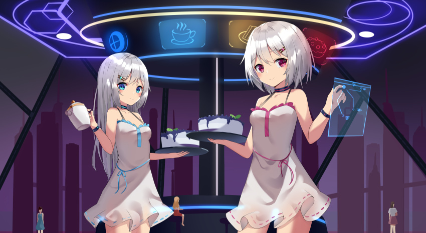 2girls absurdres amaki-aria blue_choker blue_eyes blueberry blush bob_cut bracelet breasts building cake chinese_commentary choker closed_mouth collarbone commentary_request commission cowboy_shot dress english_commentary eyebrows_visible_through_hair food fruit grey_hair hair_ornament hairclip hands_up happy highres holding holding_teapot holding_tray holographic_interface indoors jewelry looking_at_viewer mixed-language_commentary multiple_girls original partial_commentary people red_choker red_eyes ribbon-trimmed_dress science_fiction see-through shiny shiny_hair short_dress short_hair sidelocks skyscraper sleeveless sleeveless_dress small_breasts smile spaghetti_strap standing teapot tray waitress white_dress window